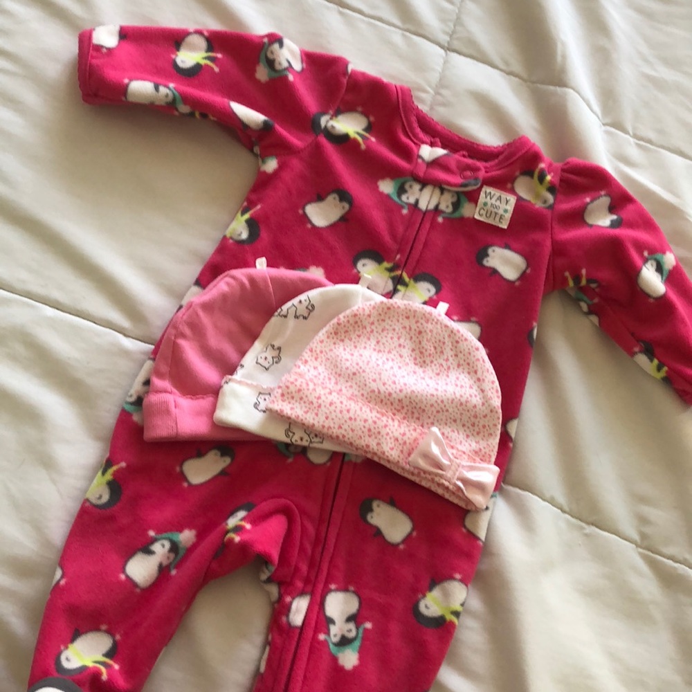 Baby 0-3M Flannel Onesie and 3 hats
